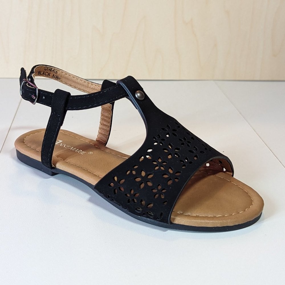 Anne Marie Girl Flower Design Nubuck Summer Ankle Sandals - Black - Size 13
